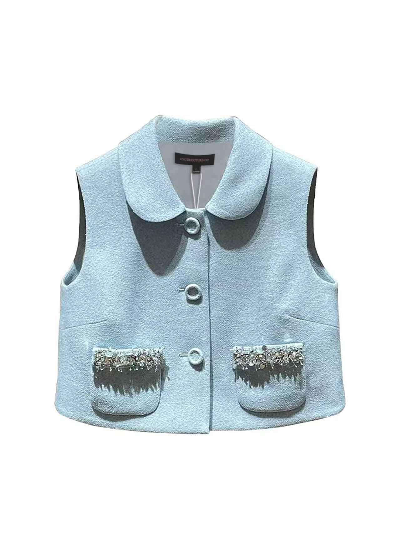 Light Blue Fashion Women's Suit Vest Flap Pockets Single Breasted Slee
