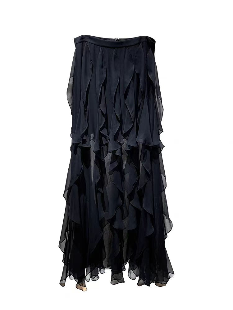 Black ruffled long skirt