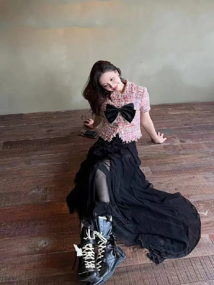 Black ruffled long skirt