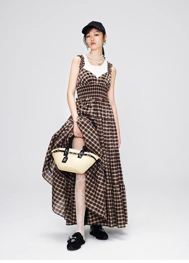 Brown plaid dress wave playful style