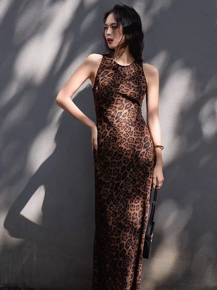 Leopard print silk long sleeveless dress