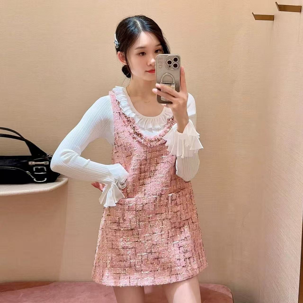Pink Tweed Sleeveless Dress