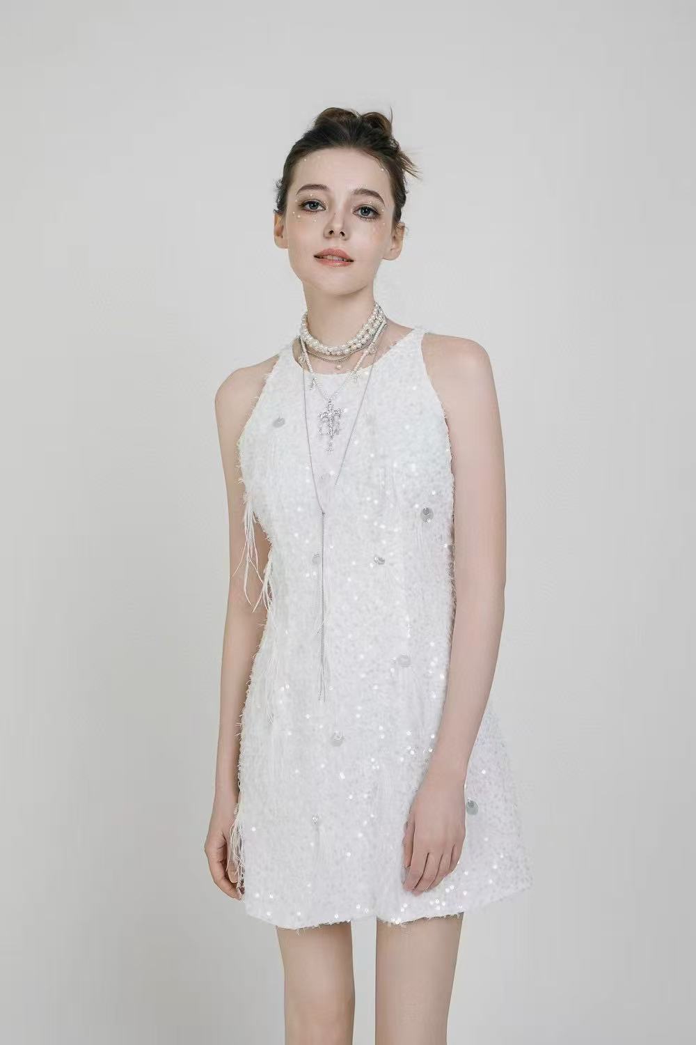 Sequin White Designer Mini Dress XL / White Sequin White Designer Mini Dress XL / White