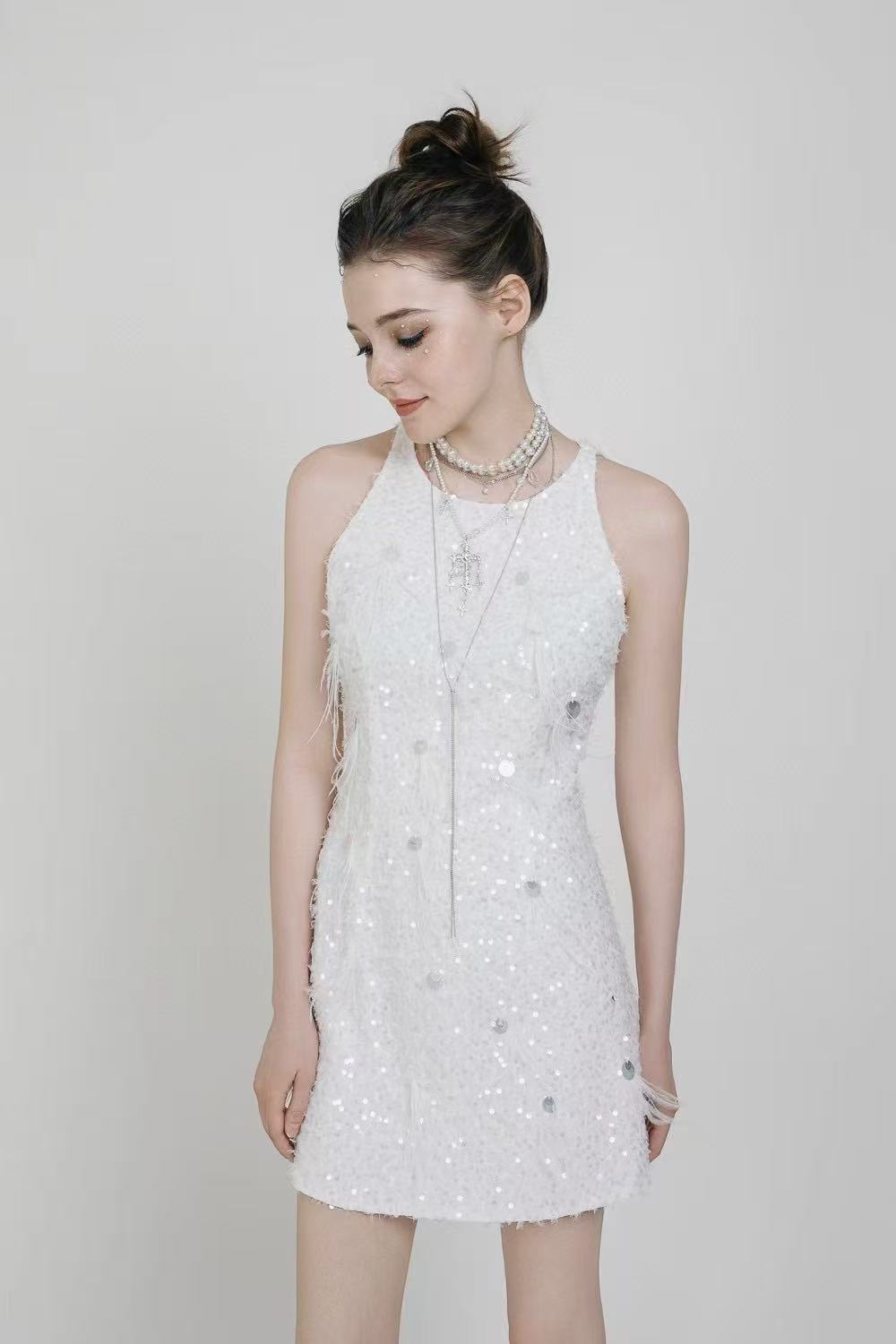 Sequined white designer summer Minidress