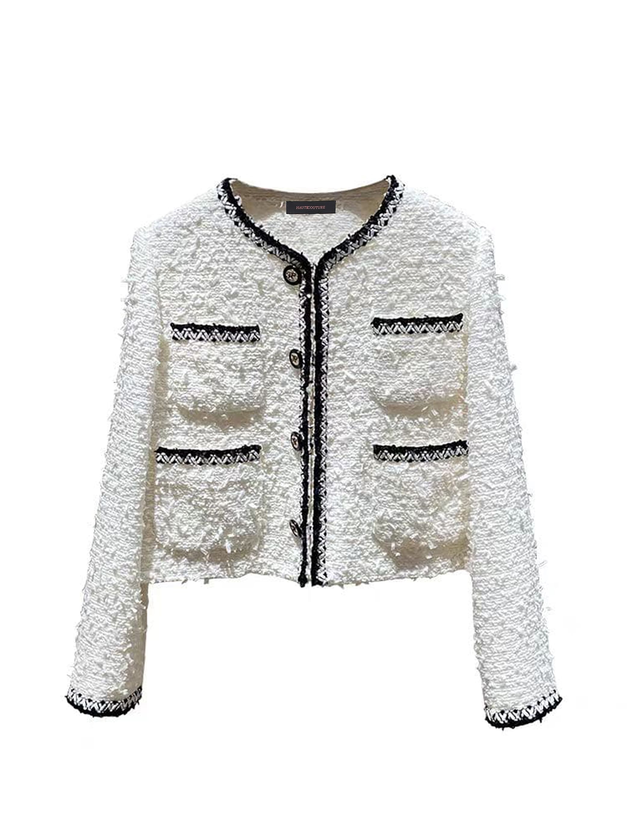 White Tweed Cropped Jacket with Black Binding