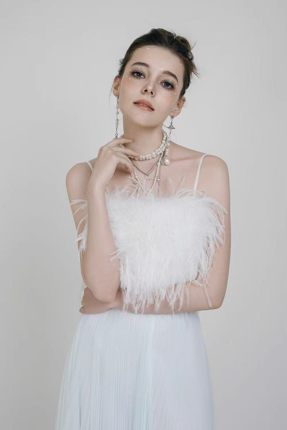 White summer  Maxi dress with Feathers