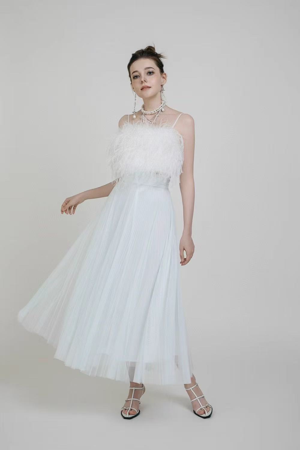 White summer  Maxi dress with Feathers