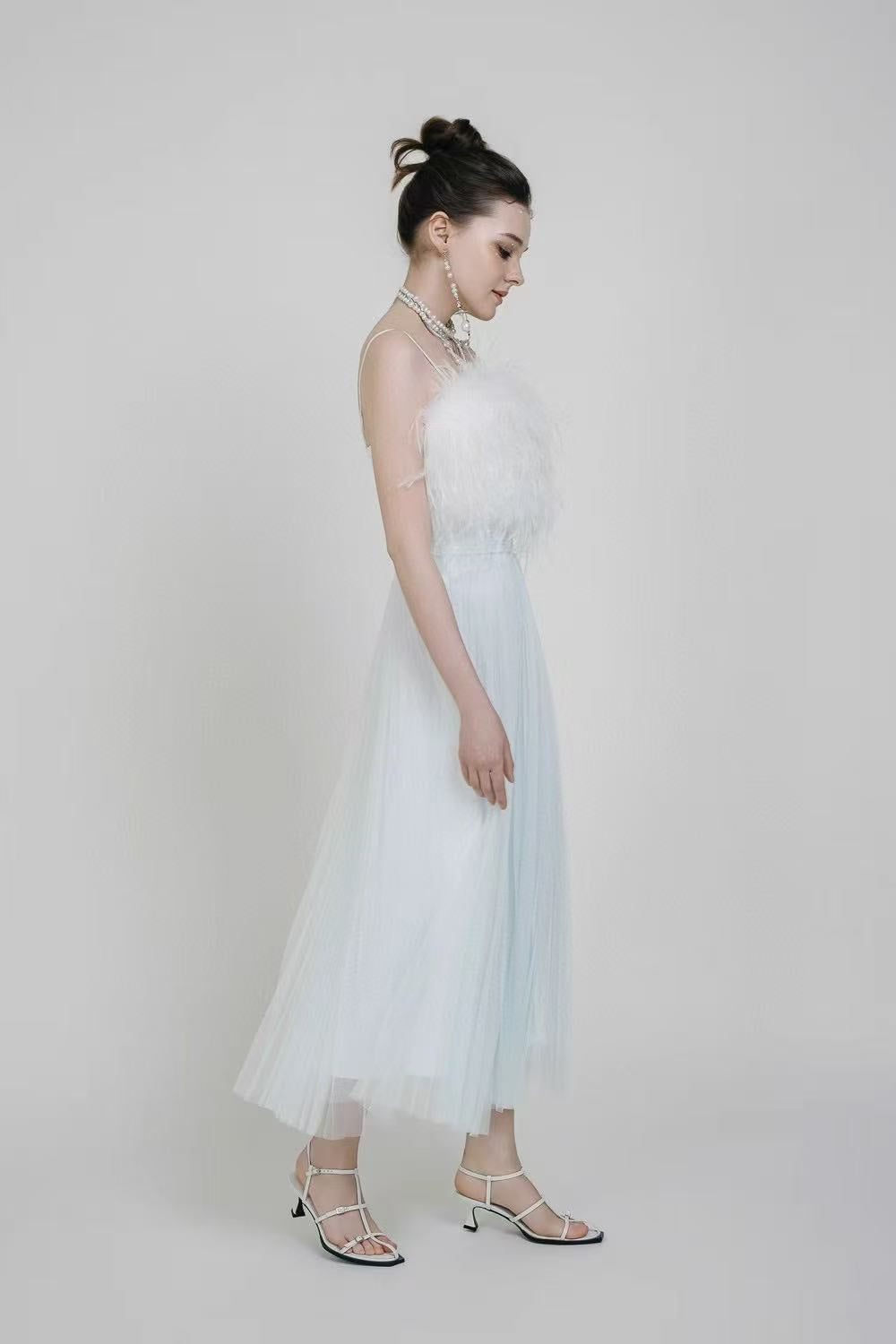 White summer  Maxi dress with Feathers