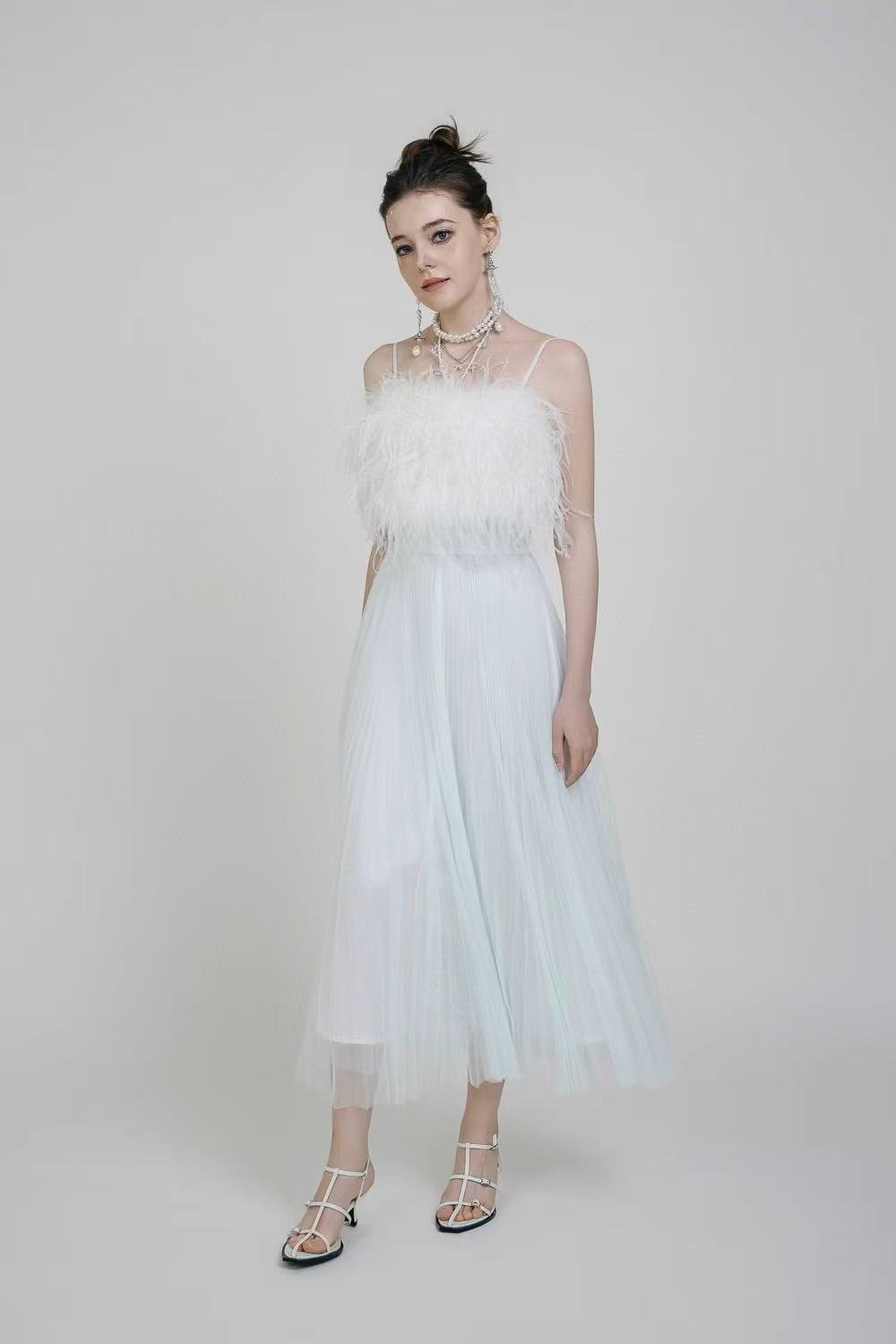 White summer  Maxi dress with Feathers