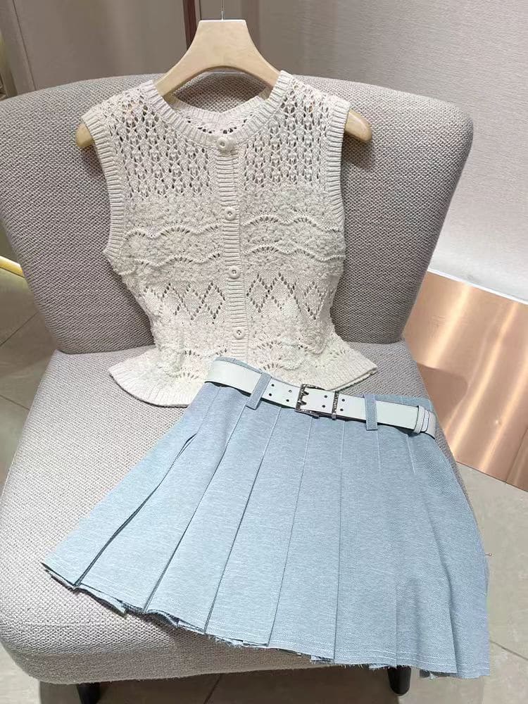 Pale Blue Pleated Skirt Mini