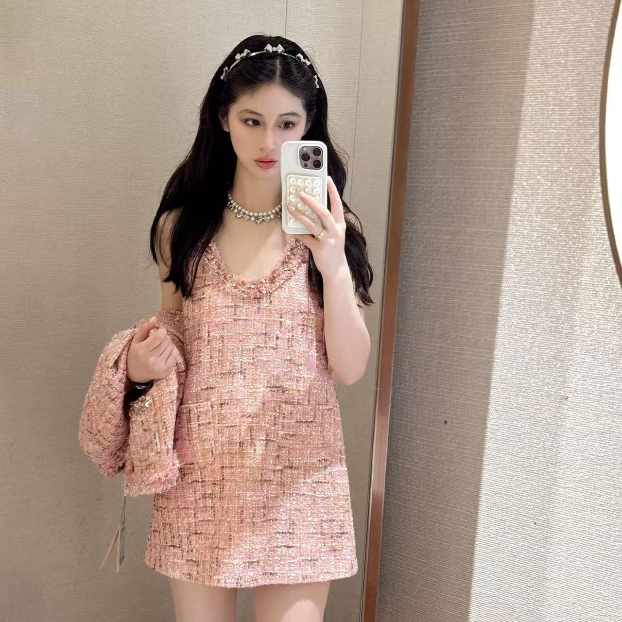 Pink Tweed Sleeveless Dress