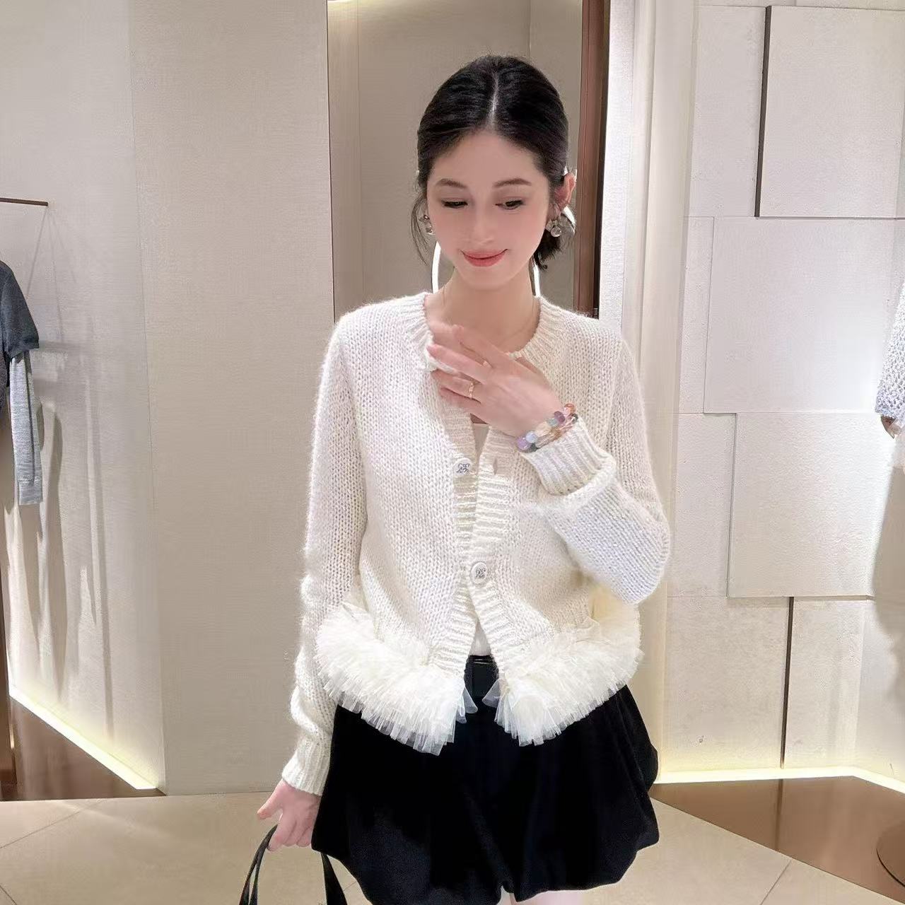 White Knit Cardigan with Fluffy Hem