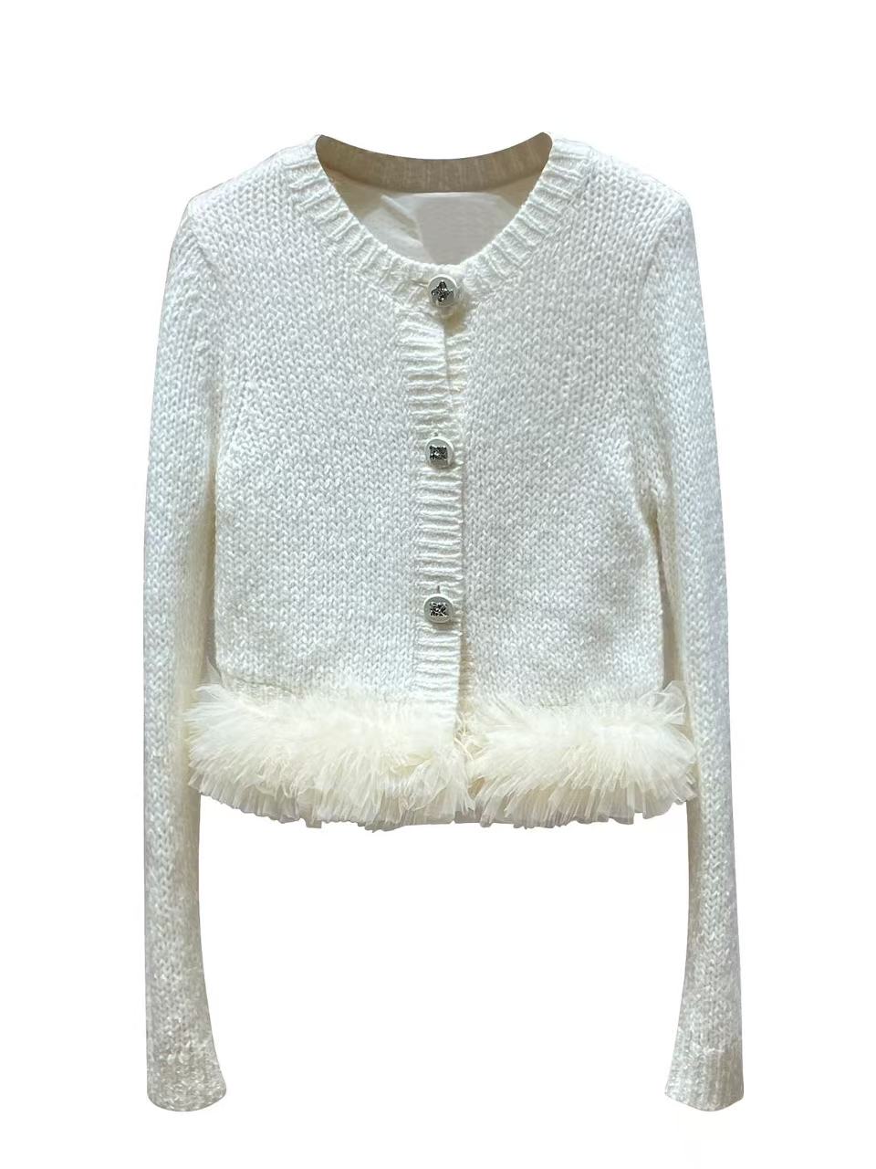 White Knit Cardigan with Fluffy Hem