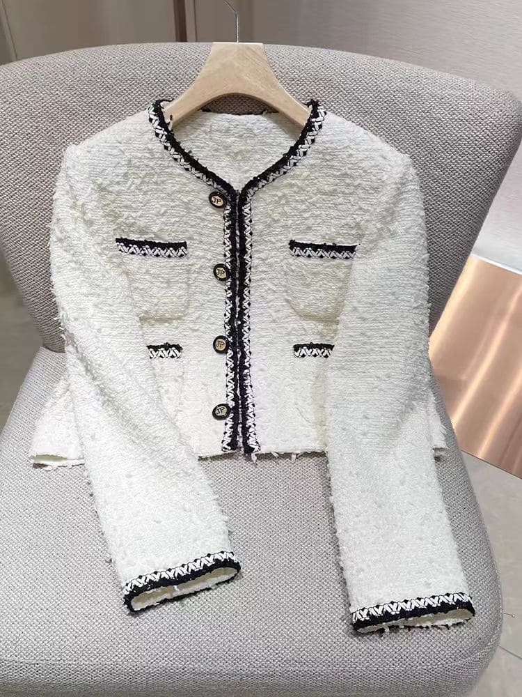 White Tweed Cropped Jacket with Black Binding