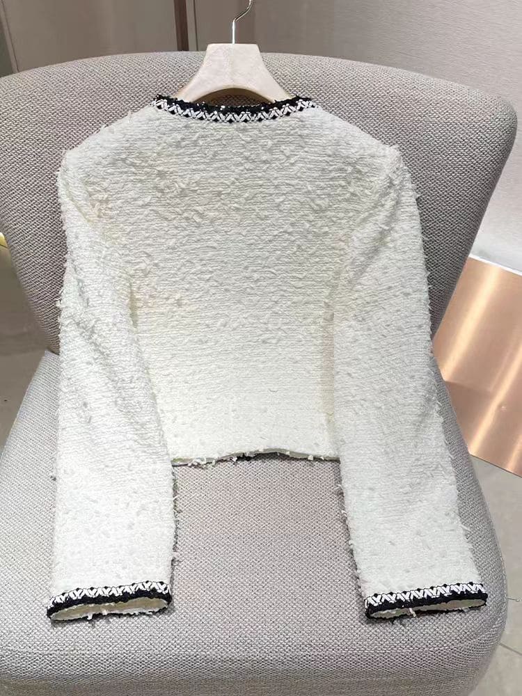 White Tweed Cropped Jacket with Black Binding