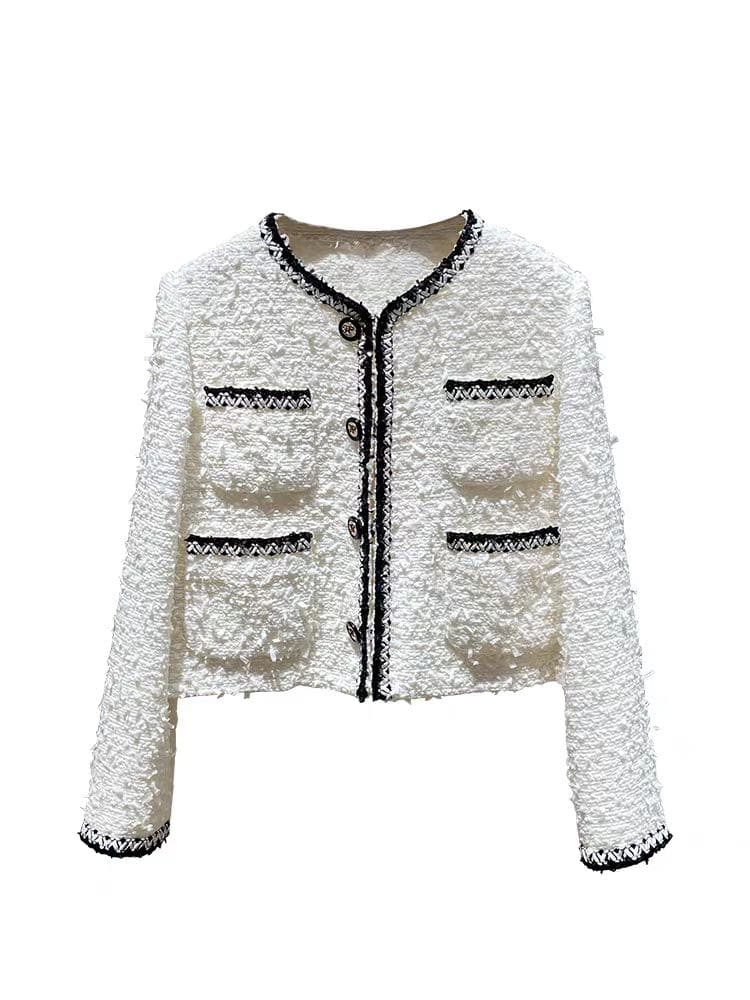 White Tweed Cropped Jacket with Black Binding