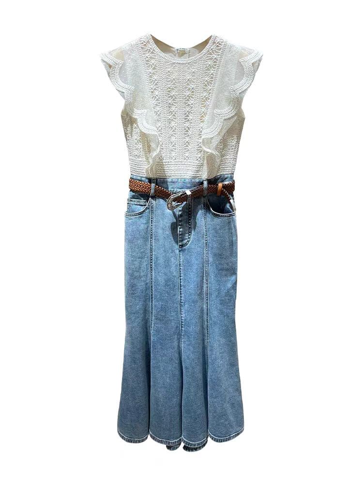 Womens Ruffle Denim Splicing Dress