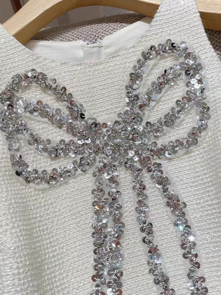 White Sequin Bow Sleeveless Dress