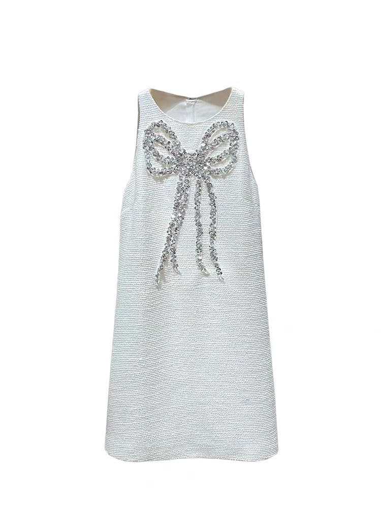 White Sequin Bow Sleeveless Dress